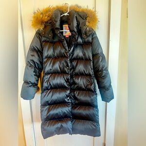 Gorsuch Black Sateen Down Coat with Removable Coyote Fur Trim -Size 12